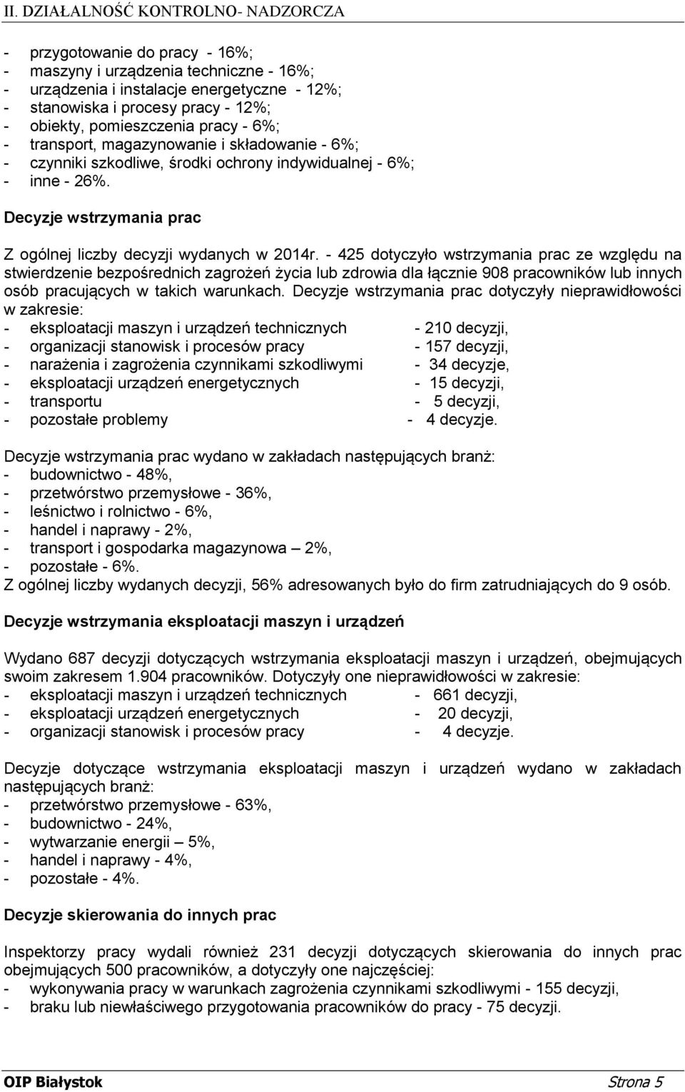 - 425 dotyczyło wstrzymania prac ze względu na stwierdzenie bezpośrednich zagrożeń życia lub zdrowia dla łącznie 908 pracowników lub innych osób pracujących w takich warunkach.