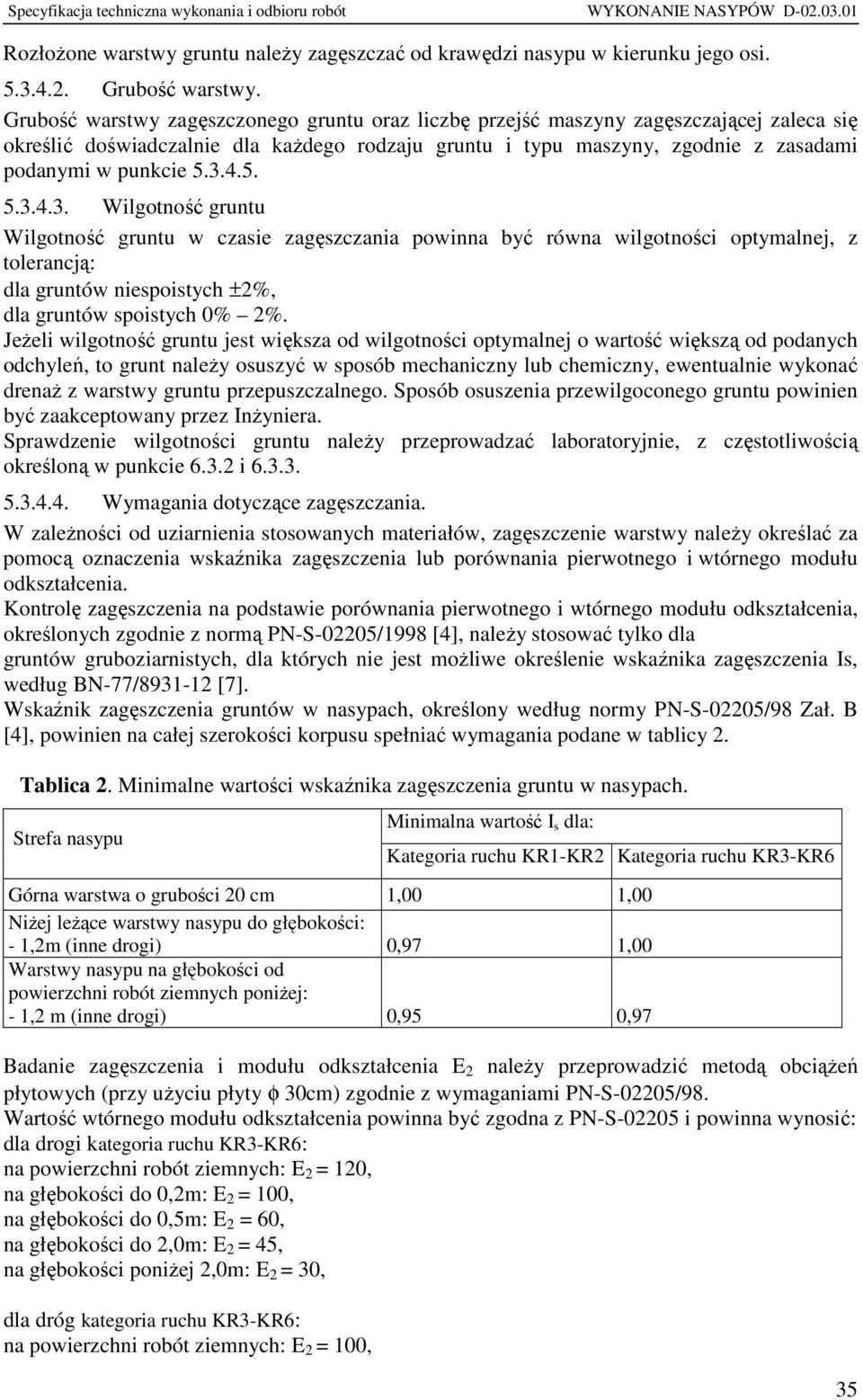 4.5. 5.3.4.3. Wilgotność gruntu Wilgotność gruntu w czasie zagęszczania powinna być równa wilgotności optymalnej, z tolerancją: dla gruntów niespoistych ±2%, dla gruntów spoistych 0% 2%.