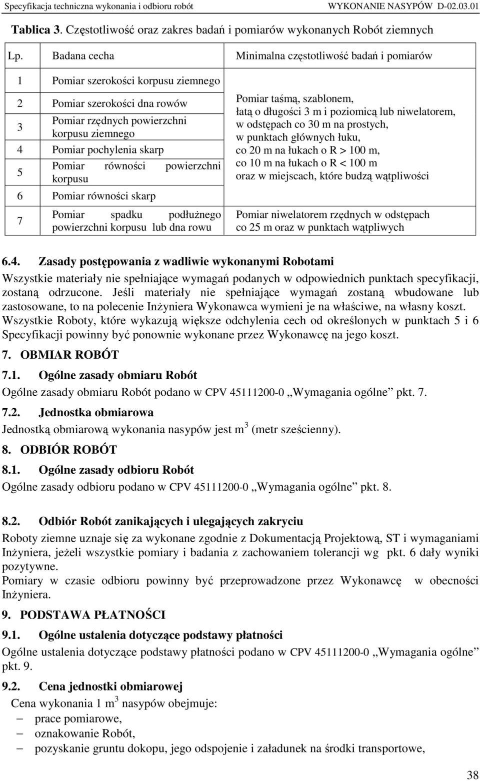 Pomiar równości powierzchni 5 korpusu 6 Pomiar równości skarp 7 Pomiar spadku podłużnego powierzchni korpusu lub dna rowu Pomiar taśmą, szablonem, łatą o długości 3 m i poziomicą lub niwelatorem, w