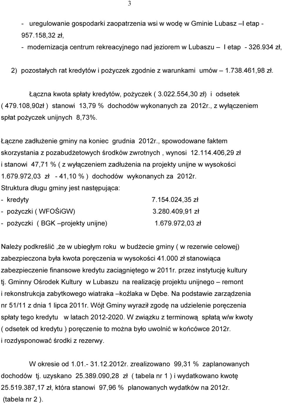 108,90zł ) stanowi 13,79 % dochodów wykonanych za 2012r., z wyłączeniem spłat pożyczek unijnych 8,73%. Łączne zadłużenie gminy na koniec grudnia 2012r.