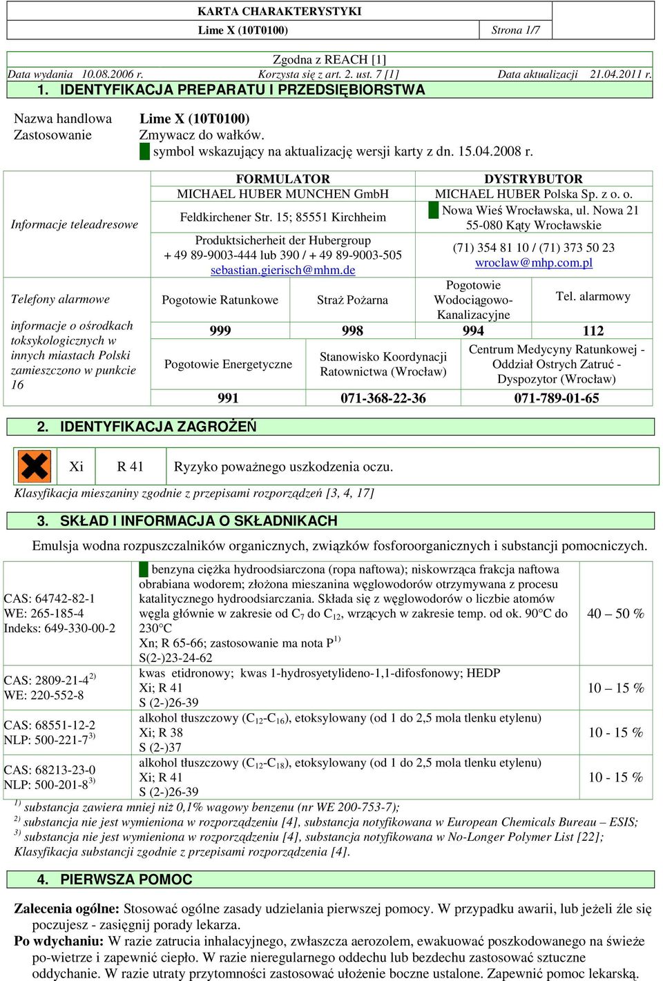 Informacje teleadresowe Telefony alarmowe informacje o ośrodkach toksykologicznych w innych miastach Polski zamieszczono w punkcie 16 FORMULATOR DYSTRYBUTOR MICHAEL HUBER MUNCHEN GmbH MICHAEL HUBER