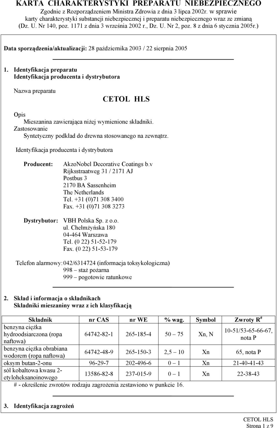 Zastosowanie Syntetyczny podkład do drewna stosowanego na zewnątrz. Identyfikacja producenta i dystrybutora Producent: AkzoNobel Decorative Coatings b.