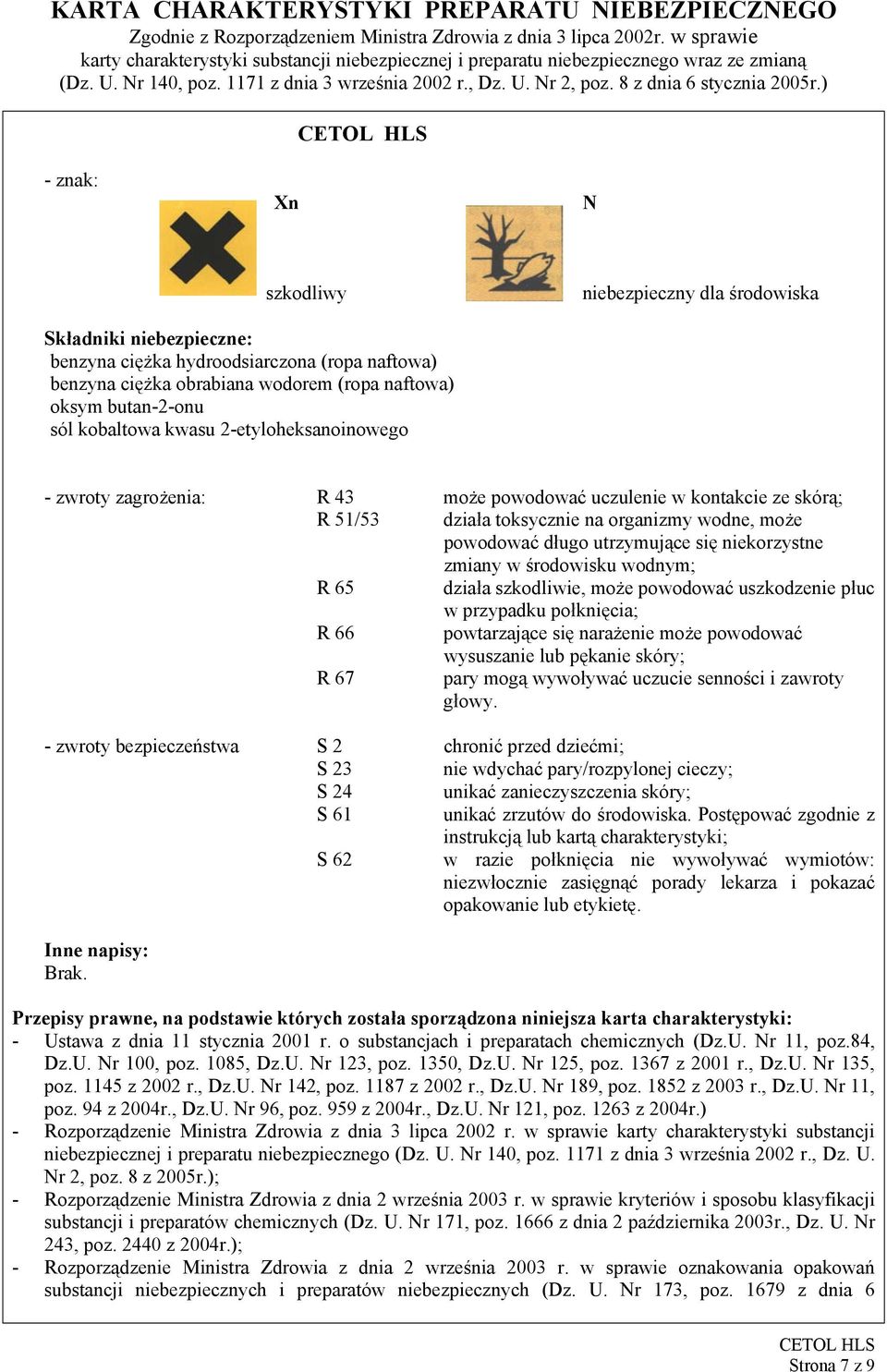 niekorzystne zmiany w środowisku wodnym; R 65 działa szkodliwie, może powodować uszkodzenie płuc w przypadku połknięcia; R 66 powtarzające się narażenie może powodować wysuszanie lub pękanie skóry; R