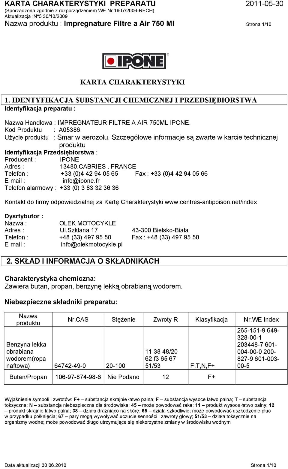 Szczegółowe informacje są zwarte w karcie technicznej produktu Identyfikacja Przedsiębiorstwa : Producent : IPONE Adres : 13480.CABRIES.