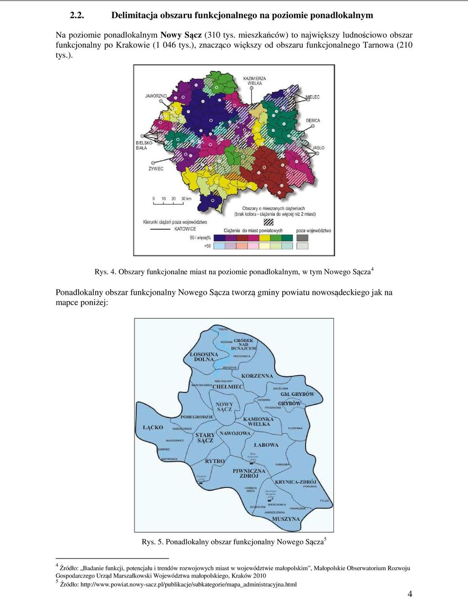 Obszary funkcjonalne miast na poziomie ponadlokalnym, w tym Nowego Sącza 4 Ponadlokalny obszar funkcjonalny Nowego Sącza tworzą gminy powiatu nowosądeckiego jak na mapce poniżej: