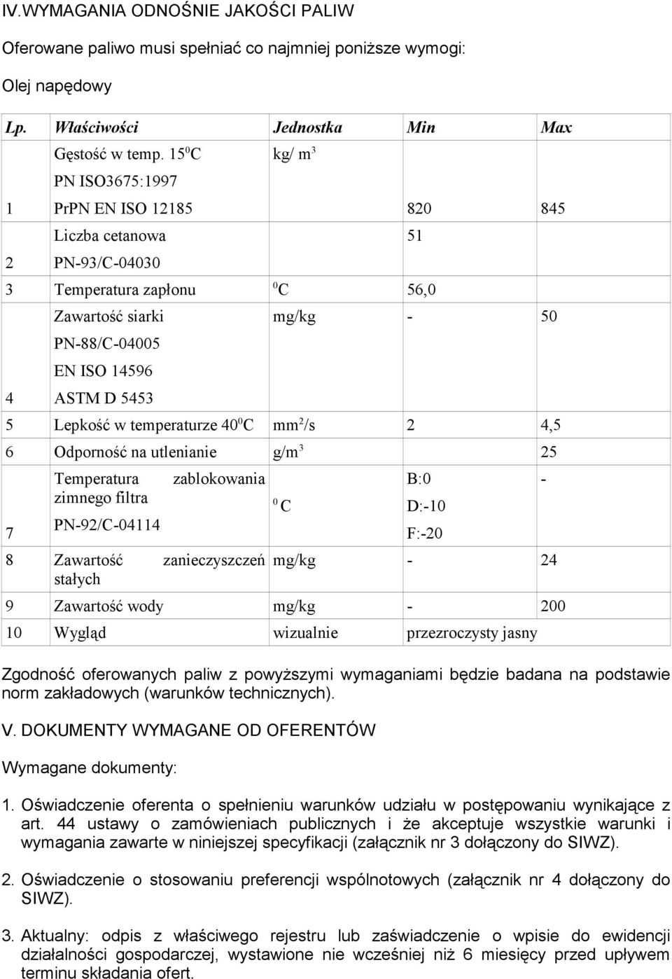 w temperaturze 40 0 C mm 2 /s 2 4,5 6 Odporność na utlenianie g/m 3 25 7 Temperatura zimnego filtra PN-92/C-04114 zablokowania 8 Zawartość zanieczyszczeń stałych 0 C B:0 D:-10 F:-20 mg/kg - 24 9