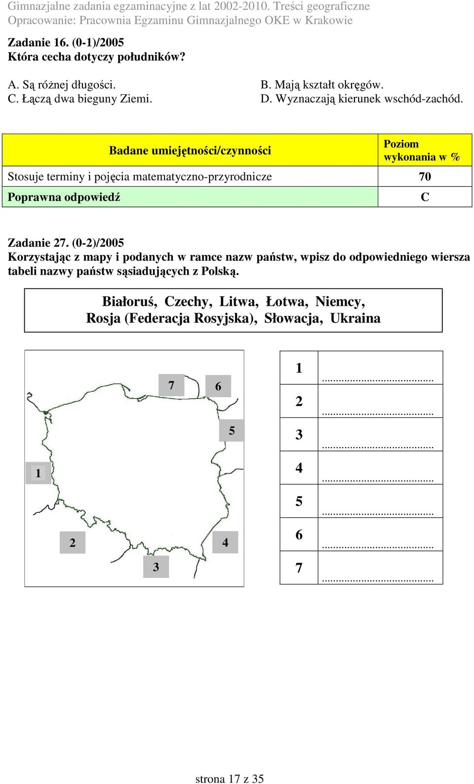 (0-2)/2005 Korzystając z mapy i podanych w ramce nazw państw, wpisz do odpowiedniego wiersza tabeli nazwy państw sąsiadujących z