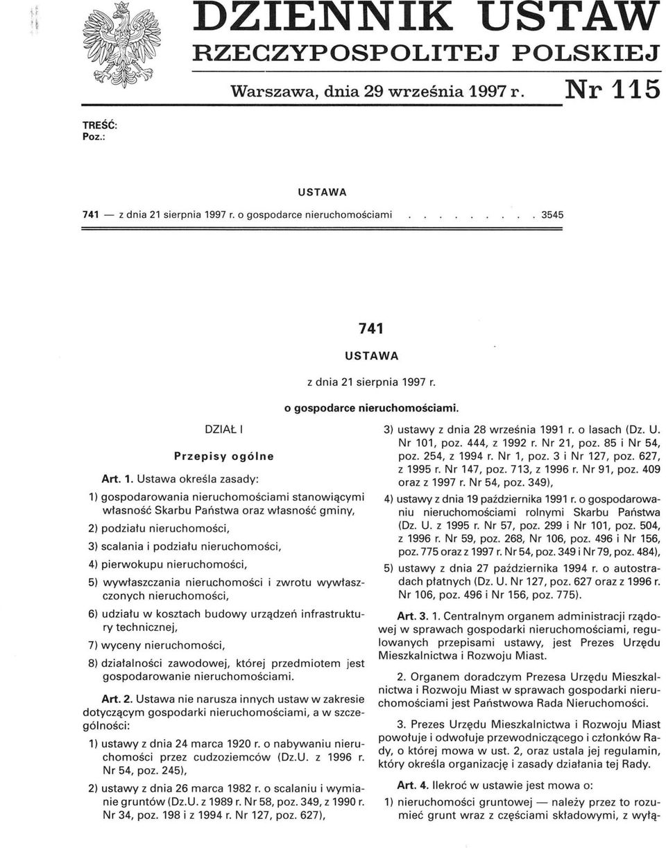 97 r. o gospodarce nieruchomościami. DZIAŁ I Przepisy ogólne Art. 1.