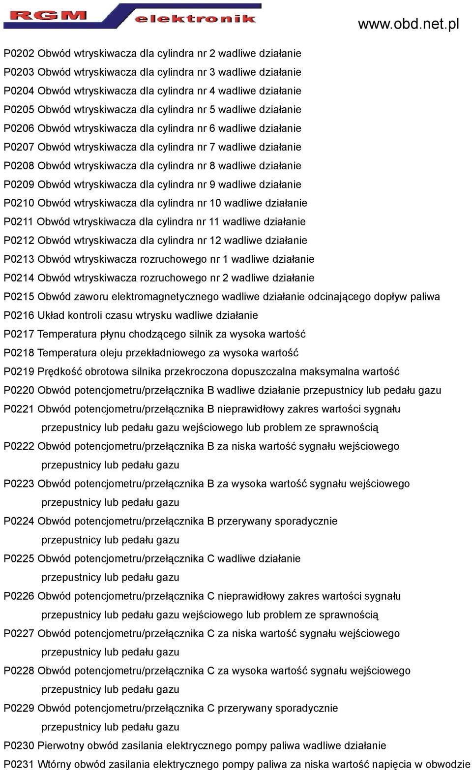 cylindra nr 8 wadliwe działanie P0209 Obwód wtryskiwacza dla cylindra nr 9 wadliwe działanie P0210 Obwód wtryskiwacza dla cylindra nr 10 wadliwe działanie P0211 Obwód wtryskiwacza dla cylindra nr 11