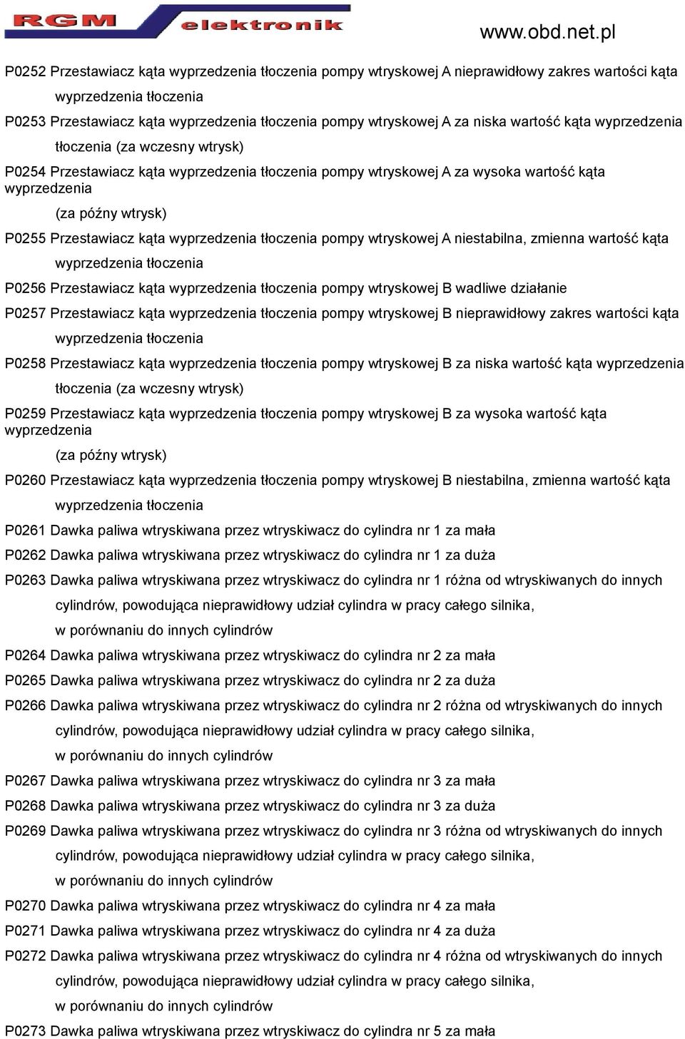 wyprzedzenia tłoczenia pompy wtryskowej A niestabilna, zmienna wartość kąta wyprzedzenia tłoczenia P0256 Przestawiacz kąta wyprzedzenia tłoczenia pompy wtryskowej B wadliwe działanie P0257