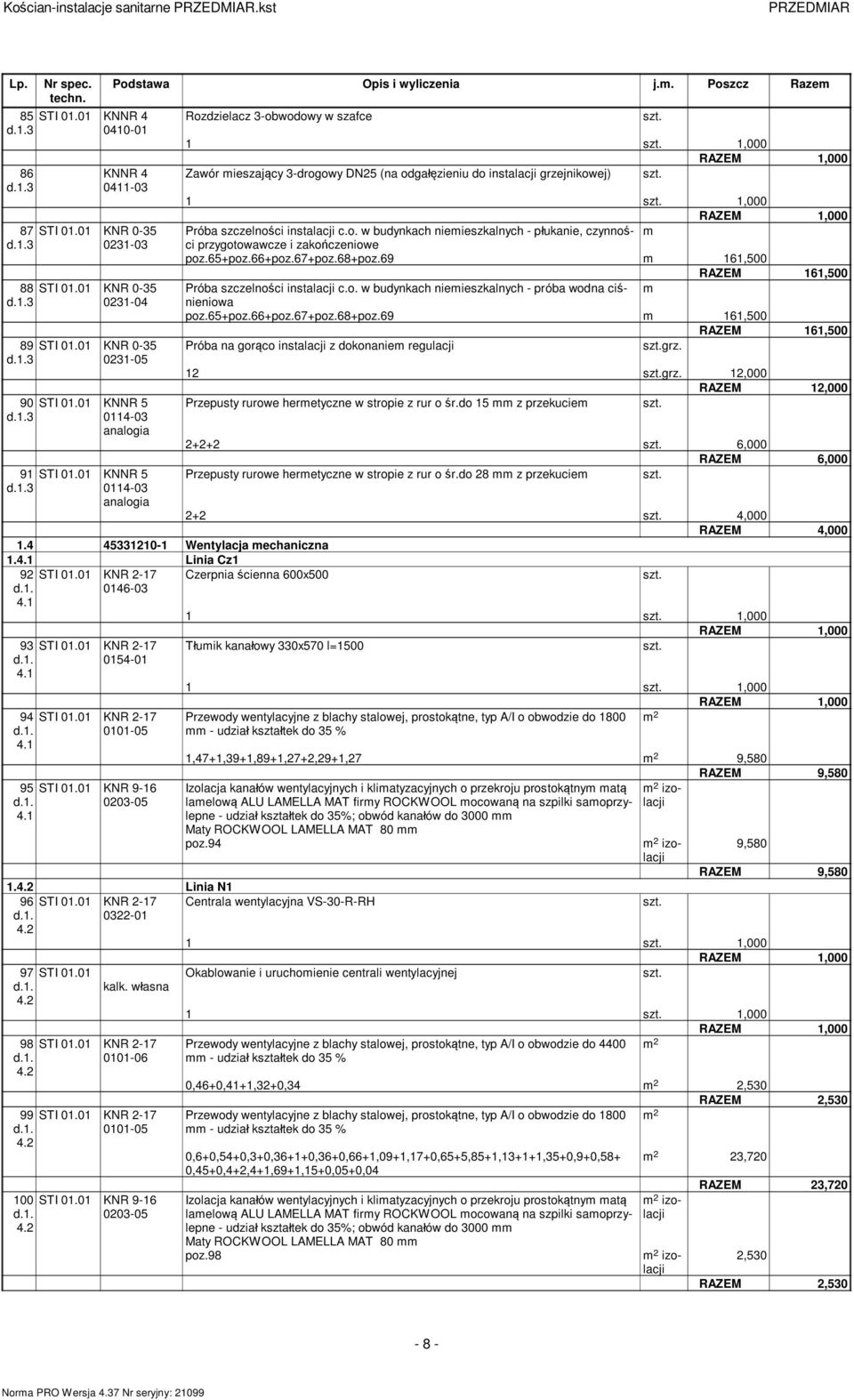 01 KNNR 5 3 0114-03 Rozdzielacz 3-obwodowy w szafce 1 1,000 Zawór ieszaj cy 3-drogowy DN25 (na odga zieniu do instalacji grzejnikowej) 1 1,000 Próba szczelno ci instalacji c.o. w budynkach nieieszkalnych - p ukanie, czynno ci przygotowawcze i zako czeniowe poz.