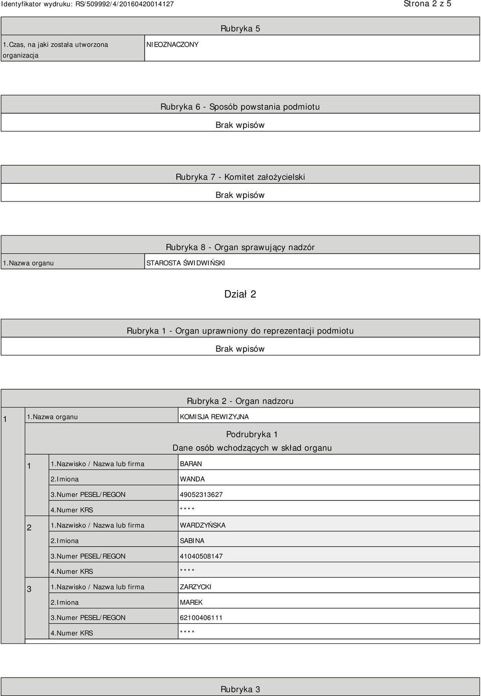 nadzór 1.Nazwa organu STAROSTA ŚWIDWIŃSKI Dział 2 Rubryka 1 - Organ uprawniony do reprezentacji podmiotu Rubryka 2 - Organ nadzoru 1 1.