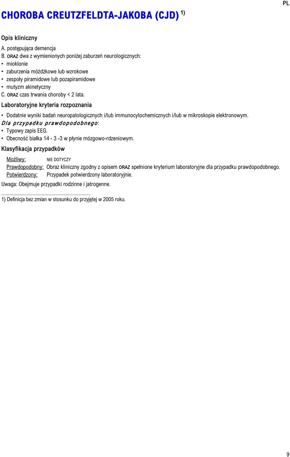 Laboratoryjne kryteria rozpoznania Dodatnie wyniki badań neuropatologicznych i/lub immunocytochemicznych i/lub w mikroskopie elektronowym. Dla przypadku prawdopodobnego: Typowy zapis EEG.