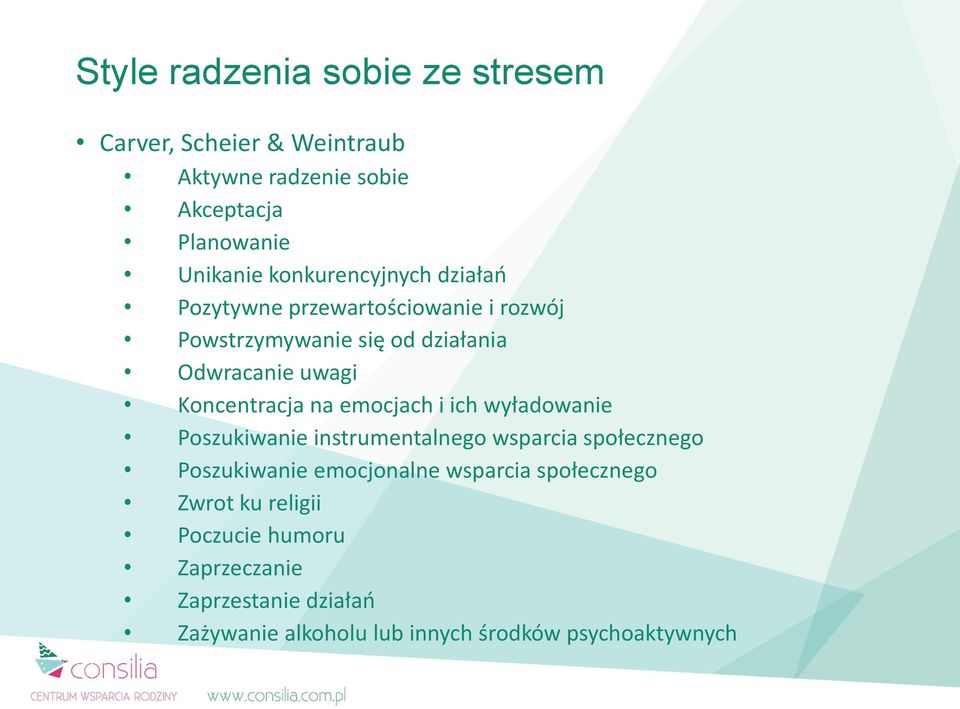 Koncentracja na emocjach i ich wyładowanie Poszukiwanie instrumentalnego wsparcia społecznego Poszukiwanie emocjonalne