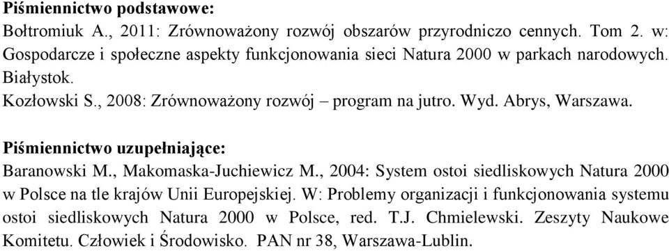 , 2008: Zrównoważony rozwój program na jutro. Wyd. Abrys, Warszawa. Baranowski M., Makomaska-Juchiewicz M.