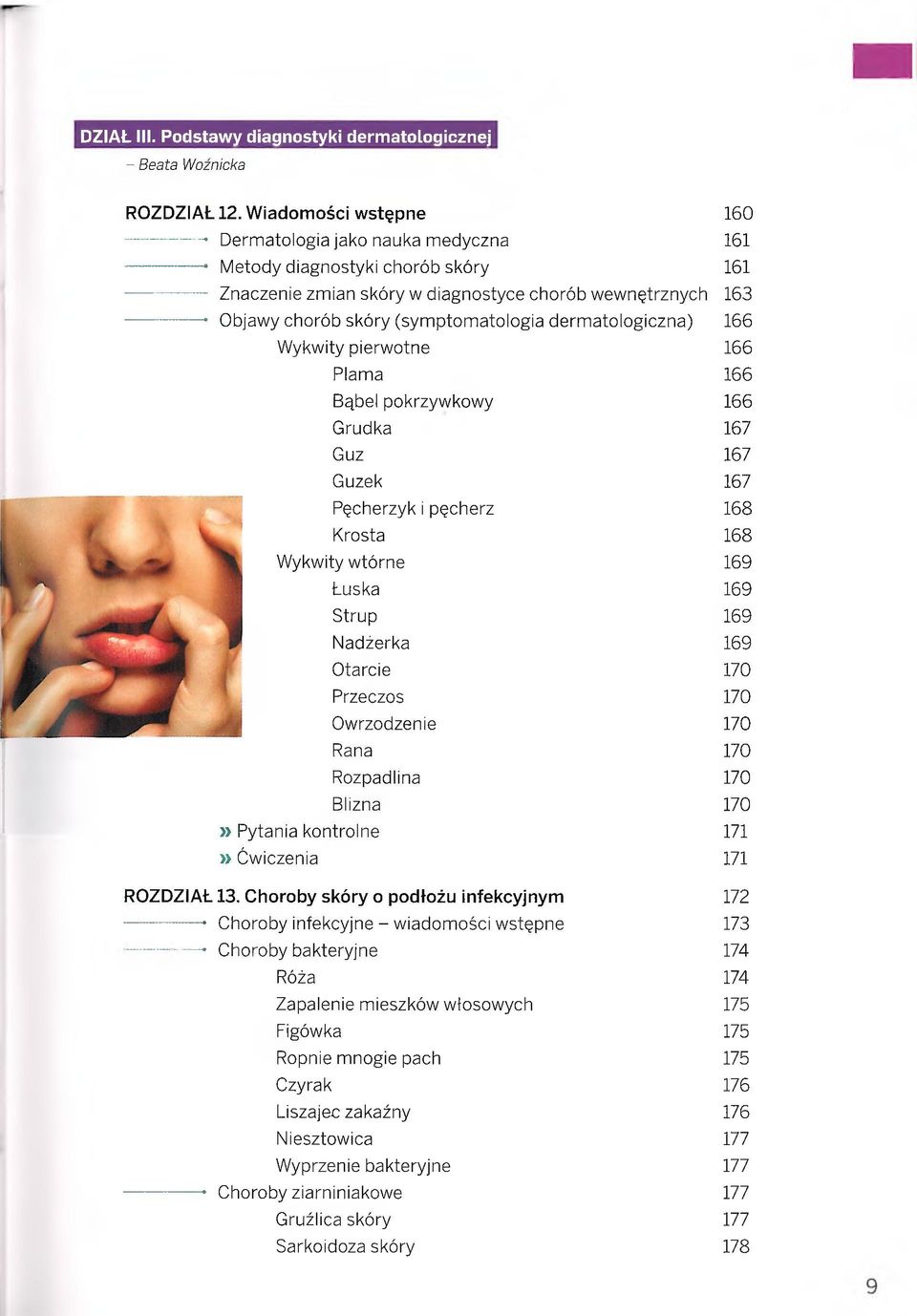 skóry (symptomatologia dermatologiczna) Wykwity pierwotne Plama Bąbel pokrzywkowy Grudka Guz Guzek Pęcherzyk i pęcherz Krosta Wykwity wtórne Łuska Strup Nadżerka Otarcie Przeczos Owrzodzenie Rana