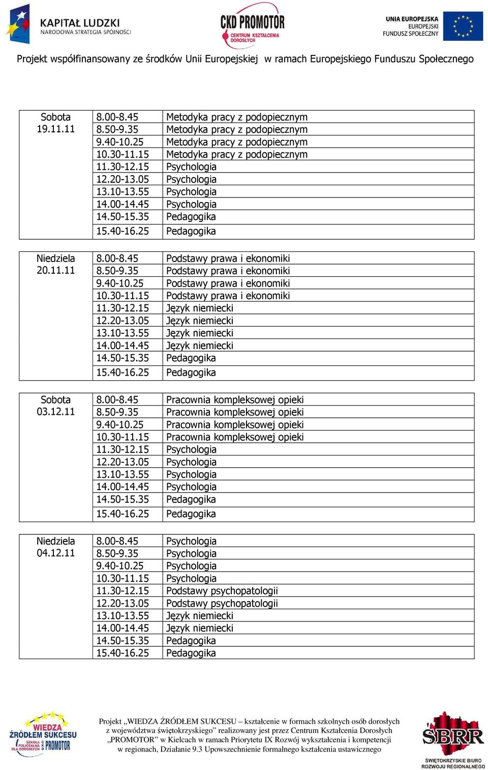 12.11 8.00-8.45 Pracownia kompleksowej opieki 8.50-9.35 Pracownia kompleksowej opieki 9.40-10.