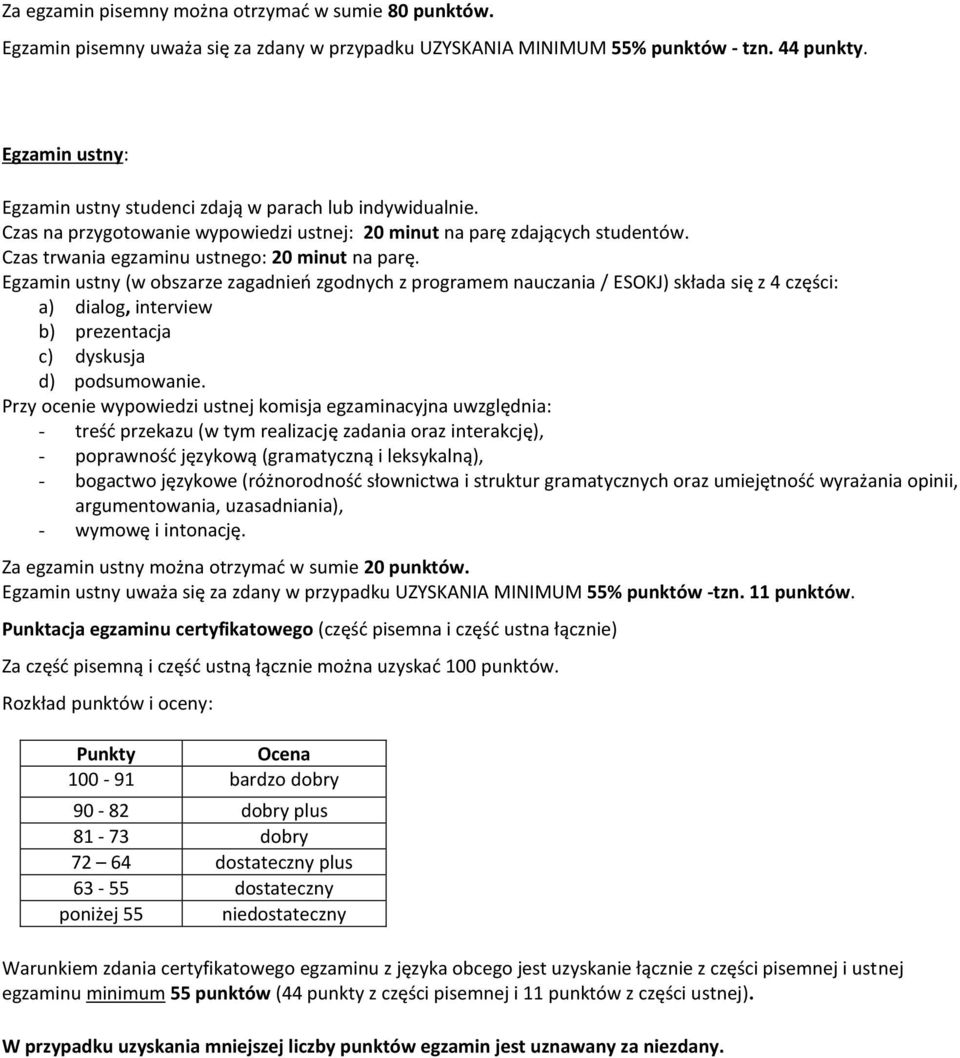 Egzamin ustny (w obszarze zagadnieo zgodnych z programem nauczania / ESOKJ) składa się z 4 części: a) dialog, interview b) prezentacja c) dyskusja d) podsumowanie.