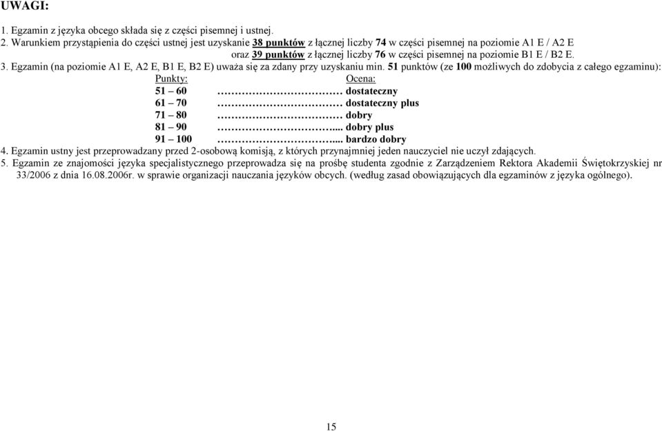 / B2 E. 3. Egzamin (na poziomie A1 E, A2 E, B1 E, B2 E) uważa się za zdany przy uzyskaniu min.