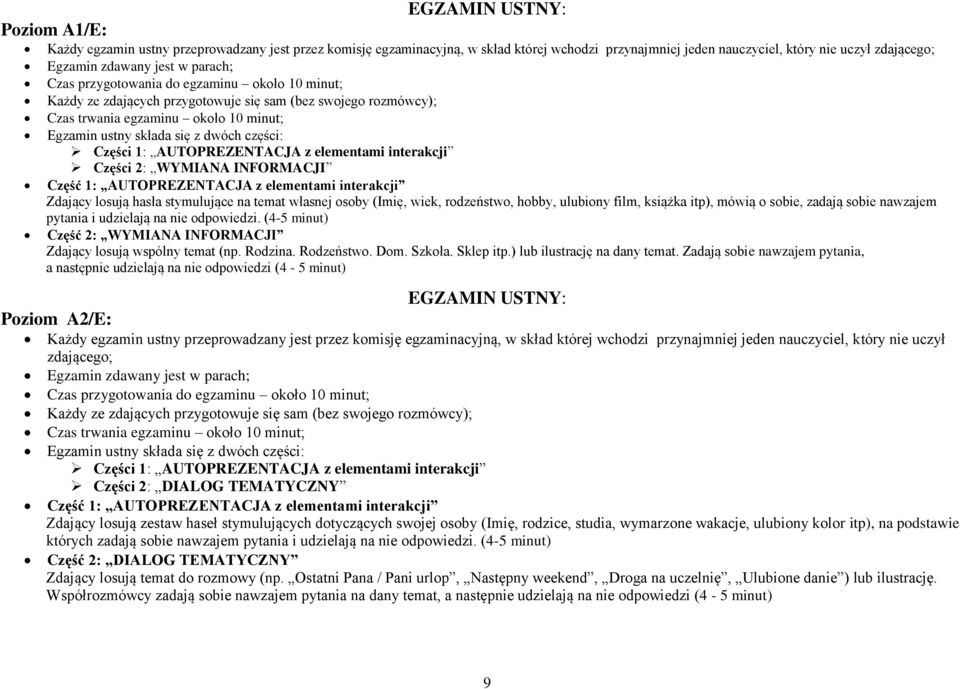 Części 1: AUTOPREZENTACJA z elementami interakcji Części 2: WYMIANA INFORMACJI Część 1: AUTOPREZENTACJA z elementami interakcji Zdający losują hasła stymulujące na temat własnej osoby (Imię, wiek,