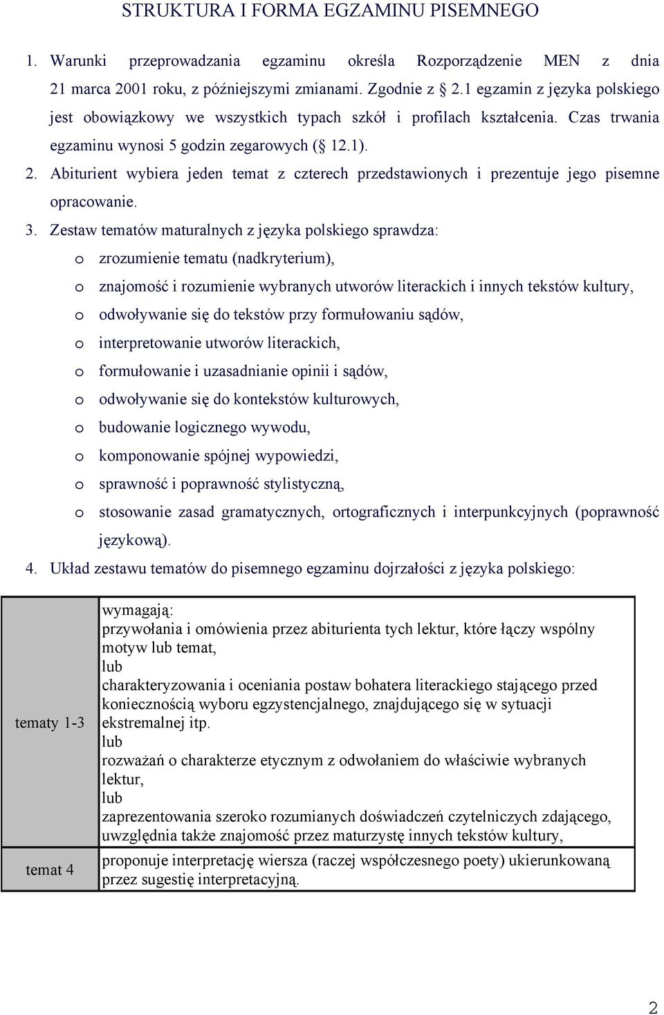 Abiturient wybiera jeden temat z czterech przedstawionych i prezentuje jego pisemne opracowanie. 3.