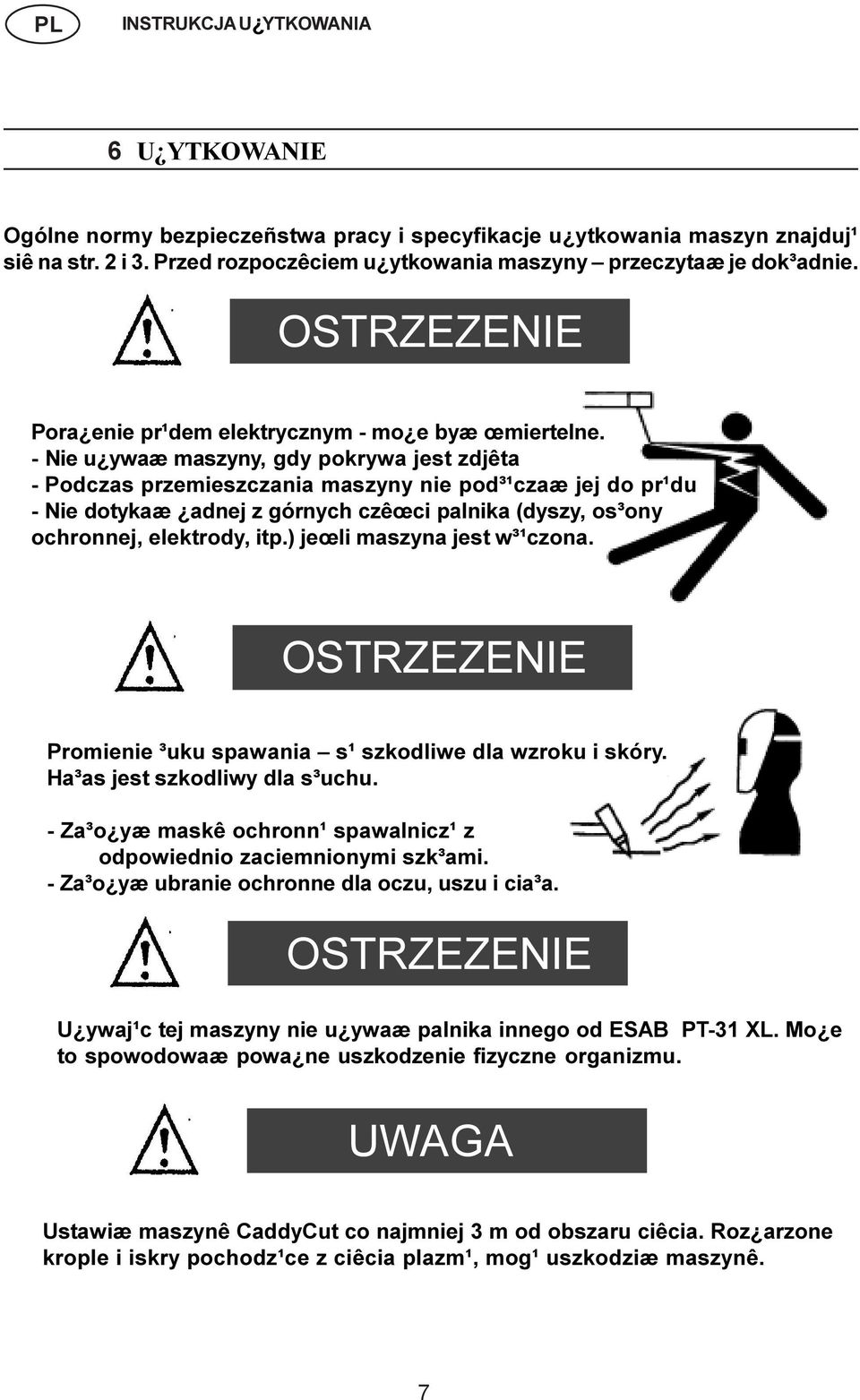 - Nie u ywaæ maszyny, gdy pokrywa jest zdjêta - Podczas przemieszczania maszyny nie pod³¹czaæ jej do pr¹du - Nie dotykaæ adnej z górnych czêœci palnika (dyszy, os³ony ochronnej, elektrody, itp.