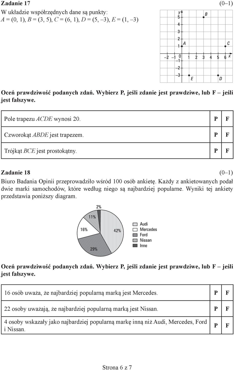 Zadanie 18 Biuro Badania Opinii przeprowadziło wśród 100 osób ankietę. Każdy z ankietowanych podał dwie marki samochodów, które według niego są najbardziej popularne.