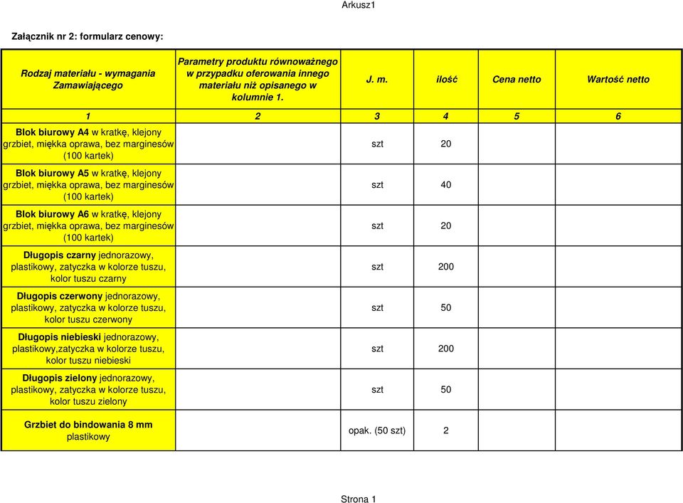 teriału niż opisanego w kolumnie 1. J. m.