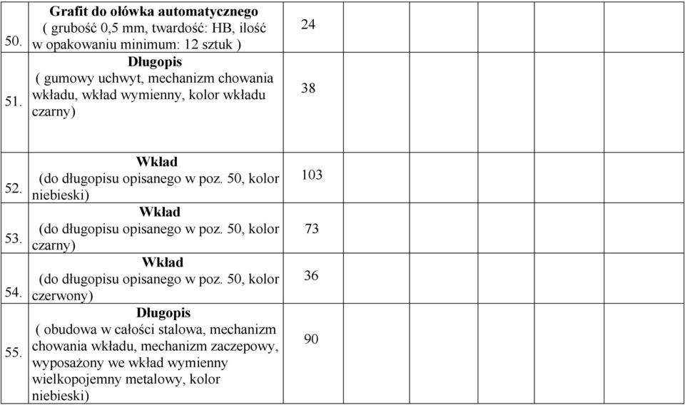 chowania wkładu, wkład wymienny, kolor wkładu czarny) 24 38 52. 53. 54. 55. Wkład (do długopisu opisanego w poz.