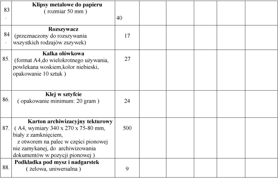 woskiem,kolor niebieski, opakowanie 10 sztuk ) 17 27 86. Klej w sztyfcie ( opakowanie minimum: 20 gram ) 24 87. 88.