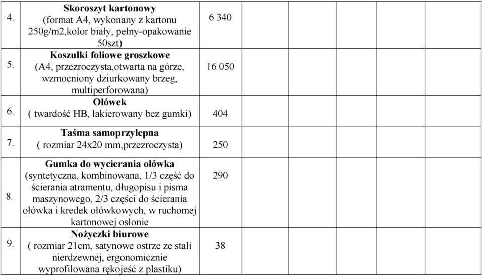 050 wzmocniony dziurkowany brzeg, multiperforowana) Ołówek ( twardość HB, lakierowany bez gumki) 404 Taśma samoprzylepna ( rozmiar 24x20 mm,przezroczysta) 250 8. 9.