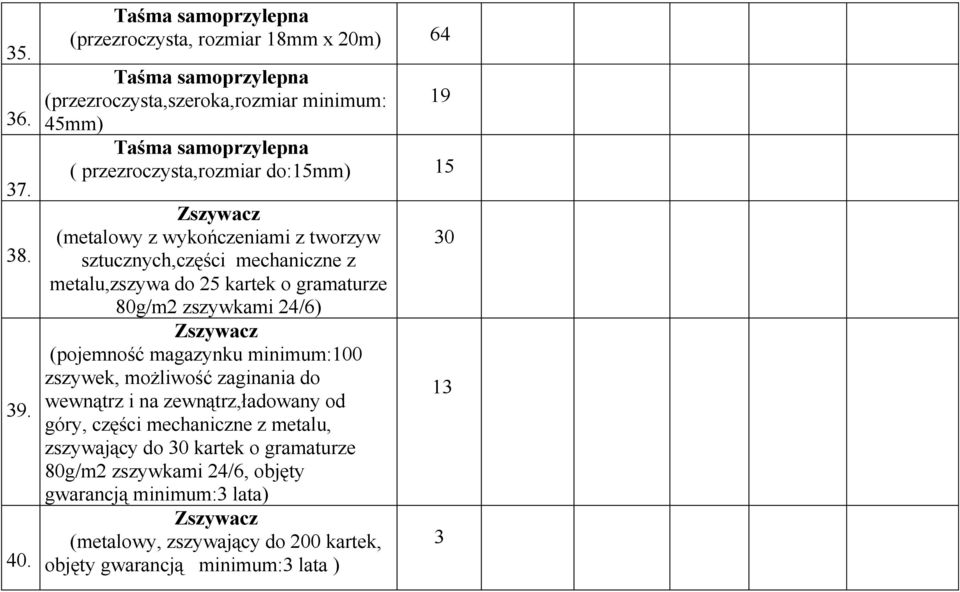 przezroczysta,rozmiar do:15mm) 15 Zszywacz (metalowy z wykończeniami z tworzyw sztucznych,części mechaniczne z metalu,zszywa do 25 kartek o gramaturze 80g/m2 zszywkami