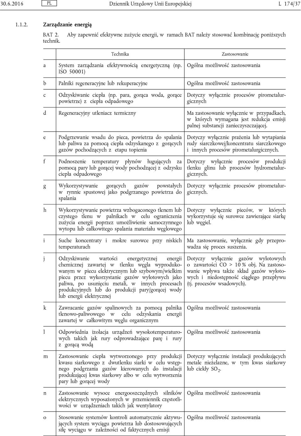 pr, gorąc wod, gorące powietrze) z ciepł odpdowego Dotyczy wyłącznie procesów pirometlurgicznych d Regenercyjny utlenicz termiczny M zstosownie wyłącznie w przypdkch, w których wymgn jest redukcj