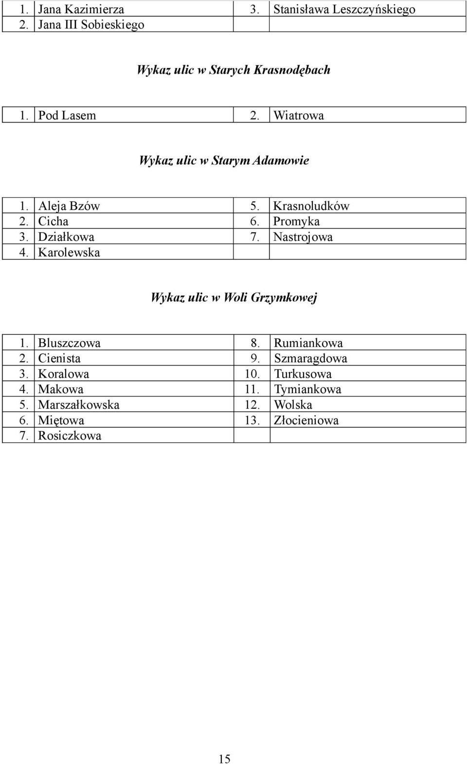 Działkowa 7. Nastrojowa 4. Karolewska Wykaz ulic w Woli Grzymkowej 1. Bluszczowa 8. Rumiankowa 2. Cienista 9.