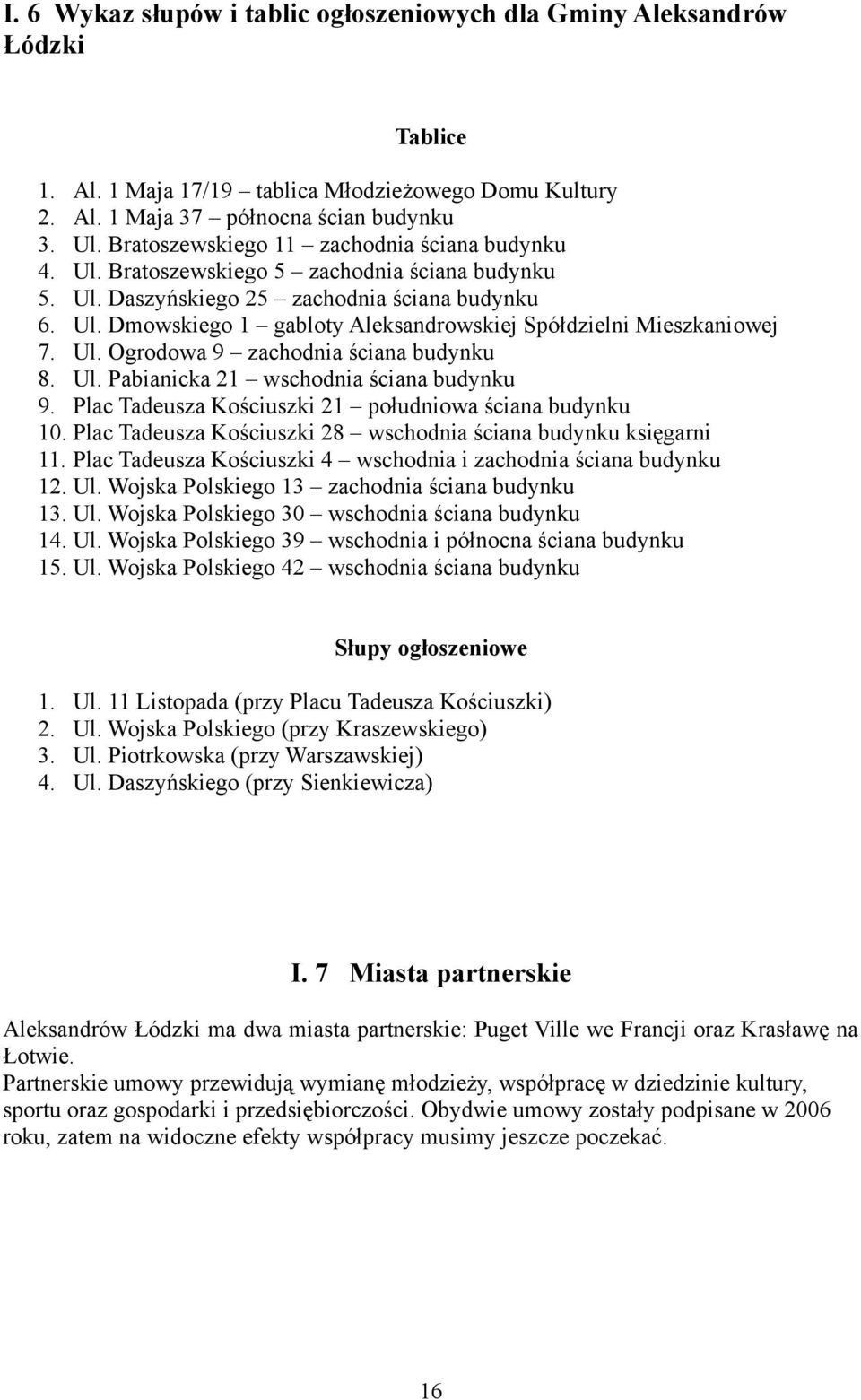 Ul. Ogrodowa 9 zachodnia ściana budynku 8. Ul. Pabianicka 21 wschodnia ściana budynku 9. Plac Tadeusza Kościuszki 21 południowa ściana budynku 10.