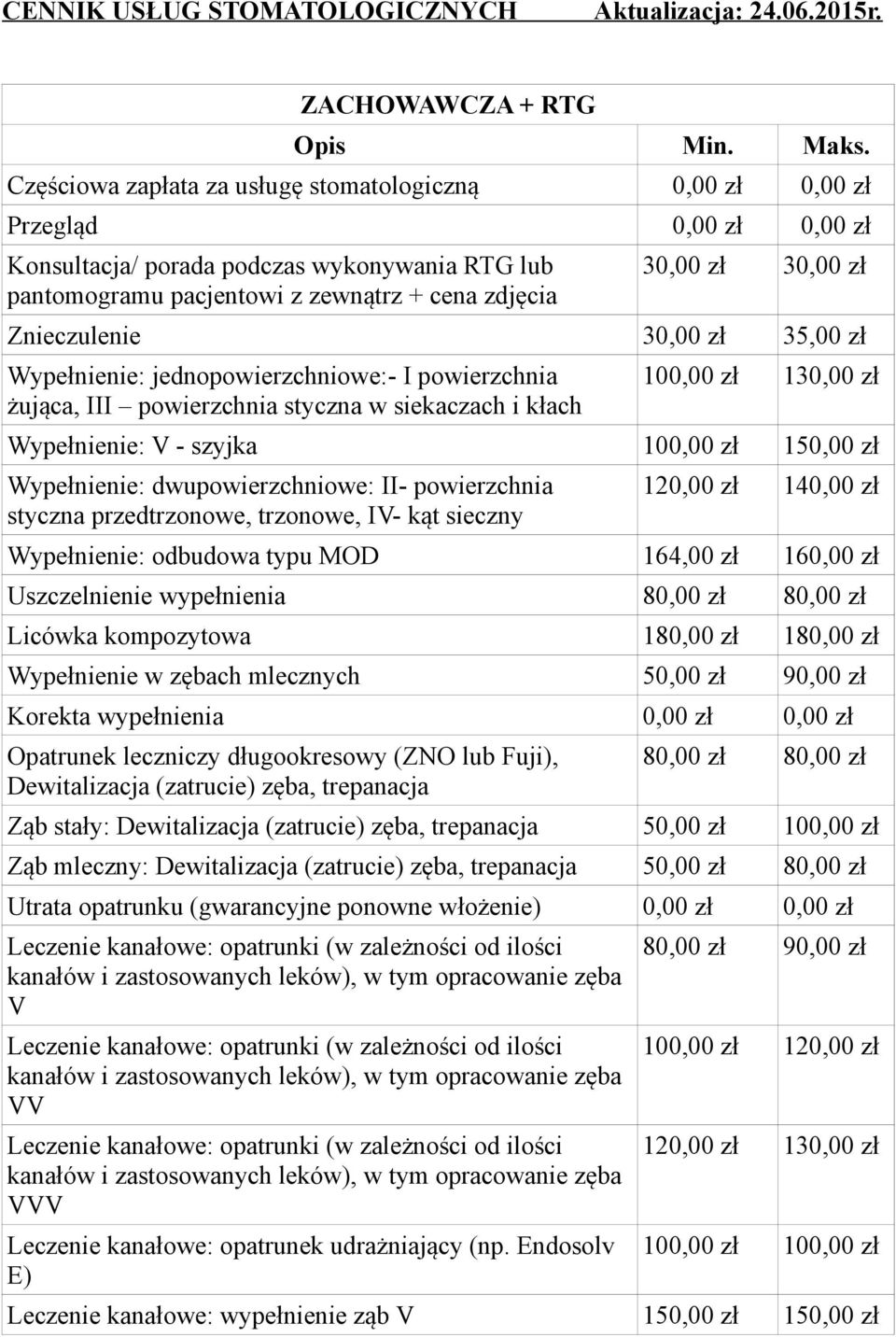 zdjęcia 30,00 zł 30,00 zł Znieczulenie 30,00 zł 35,00 zł Wypełnienie: jednopowierzchniowe:- I powierzchnia żująca, III powierzchnia styczna w siekaczach i kłach 100,00 zł 130,00 zł Wypełnienie: V -