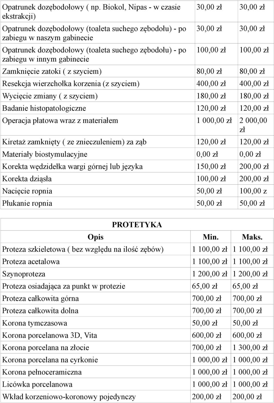 30,00 zł 30,00 zł 30,00 zł 30,00 zł 100,00 zł 100,00 zł Zamknięcie zatoki ( z szyciem) 80,00 zł 80,00 zł Resekcja wierzchołka korzenia (z szyciem) 400,00 zł 400,00 zł Wycięcie zmiany ( z szyciem)