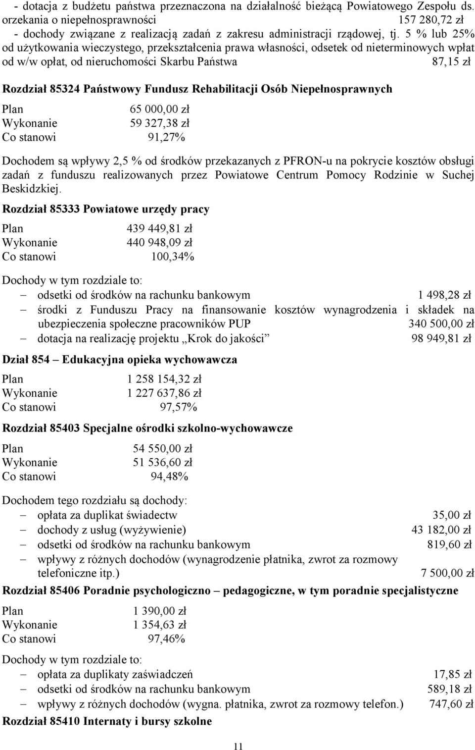5 % lub 25% od użytkowania wieczystego, przekształcenia prawa własności, odsetek od nieterminowych wpłat od w/w opłat, od nieruchomości Skarbu Państwa 87,15 zł Rozdział 85324 Państwowy Fundusz