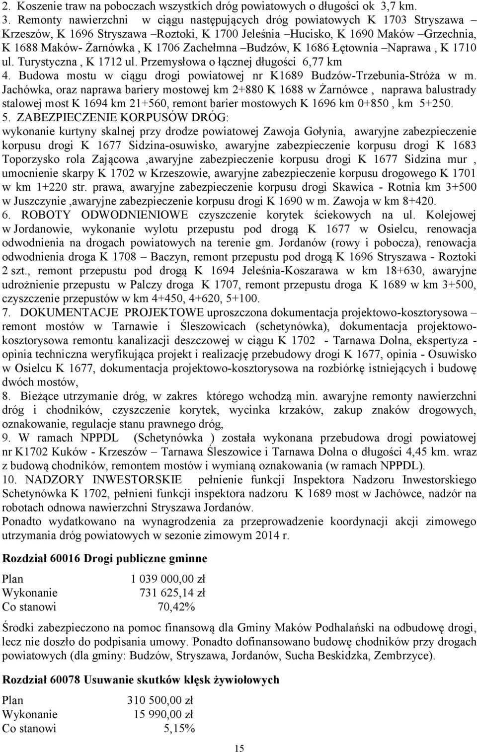 Remonty nawierzchni w ciągu następujących dróg powiatowych K 1703 Stryszawa Krzeszów, K 1696 Stryszawa Roztoki, K 1700 Jeleśnia Hucisko, K 1690 Maków Grzechnia, K 1688 Maków- Żarnówka, K 1706