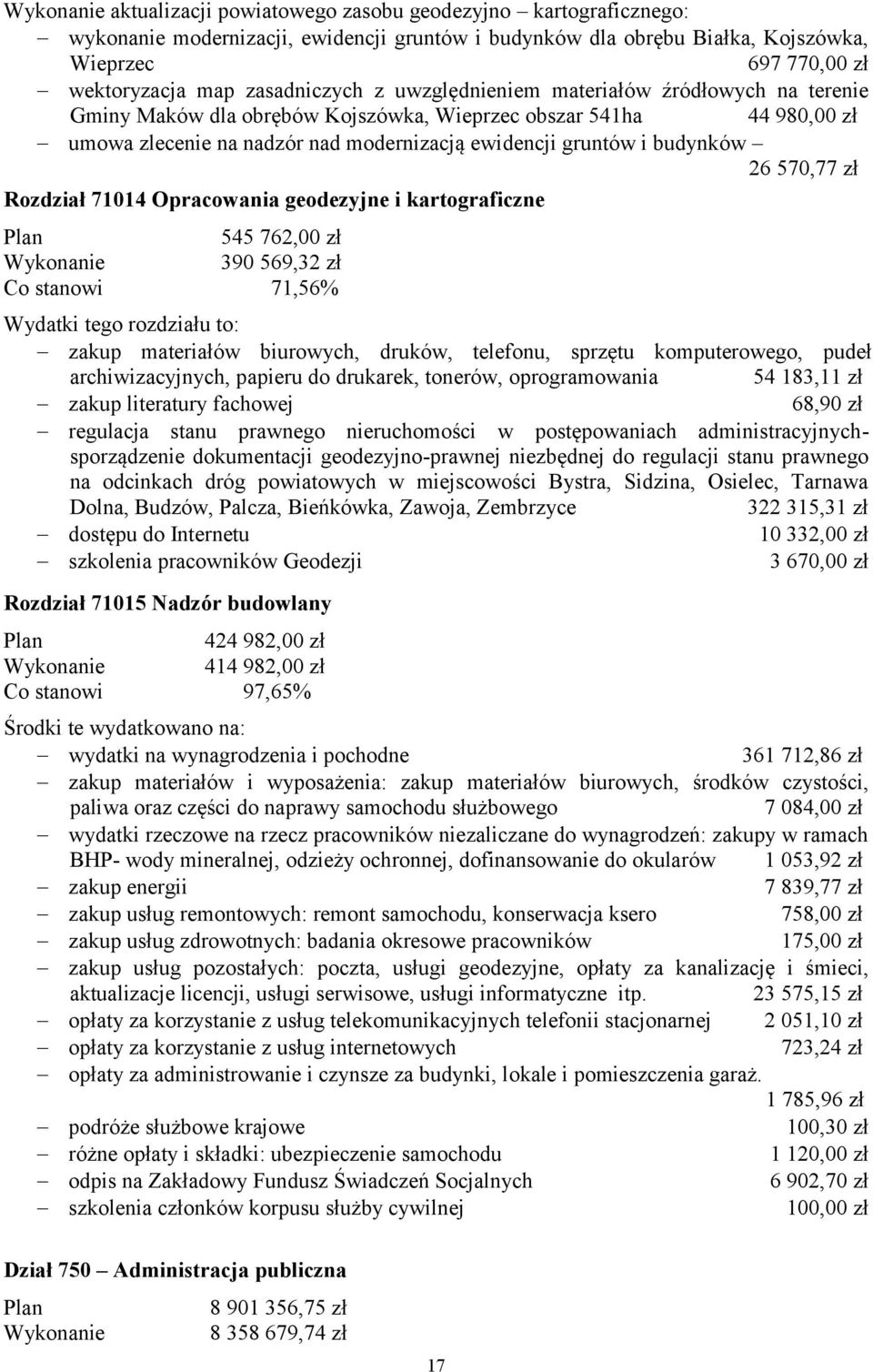 zł Rozdział 71014 Opracowania geodezyjne i kartograficzne 545 762,00 zł 390 569,32 zł Co stanowi 71,56% Wydatki tego rozdziału to: zakup materiałów biurowych, druków, telefonu, sprzętu komputerowego,
