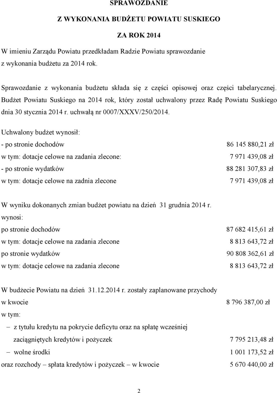 Budżet Powiatu Suskiego na 2014 rok, który został uchwalony przez Radę Powiatu Suskiego dnia 30 stycznia 2014 r. uchwałą nr 0007/XXXV/250/2014.