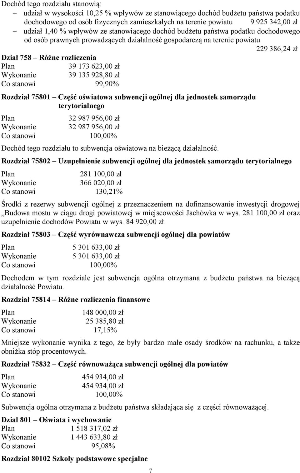 173 623,00 zł 39 135 928,80 zł Co stanowi 99,90% Rozdział 75801 Część oświatowa subwencji ogólnej dla jednostek samorządu terytorialnego 32 987 956,00 zł 32 987 956,00 zł Dochód tego rozdziału to