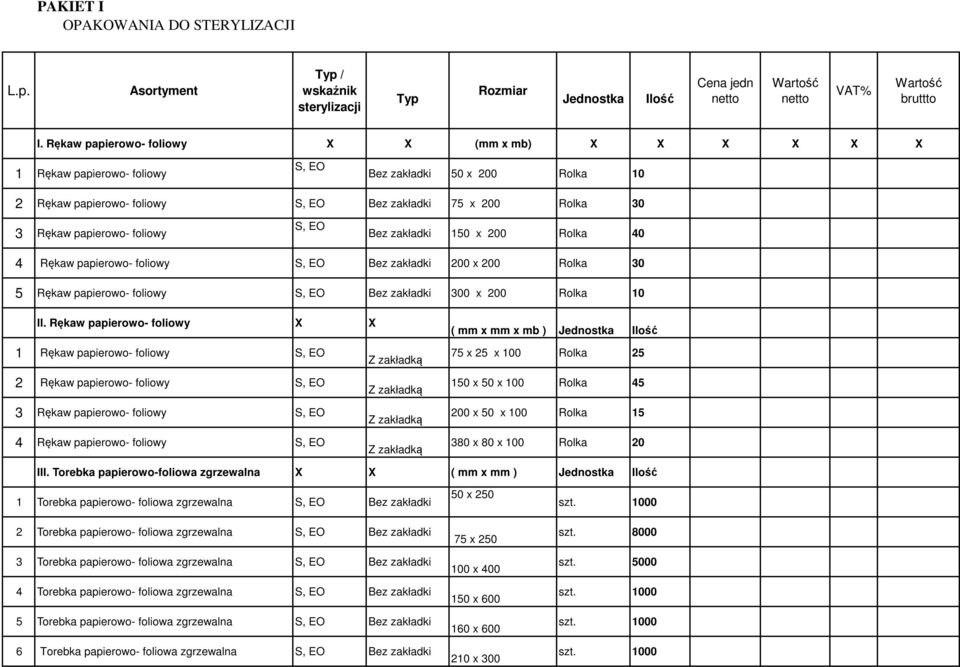 00 Rolka 40 4 Rękaw papierowo- foliowy, EO Bez zakładki 00 x 00 Rolka 0 Rękaw papierowo- foliowy, EO Bez zakładki 00 x 00 Rolka 10 II.