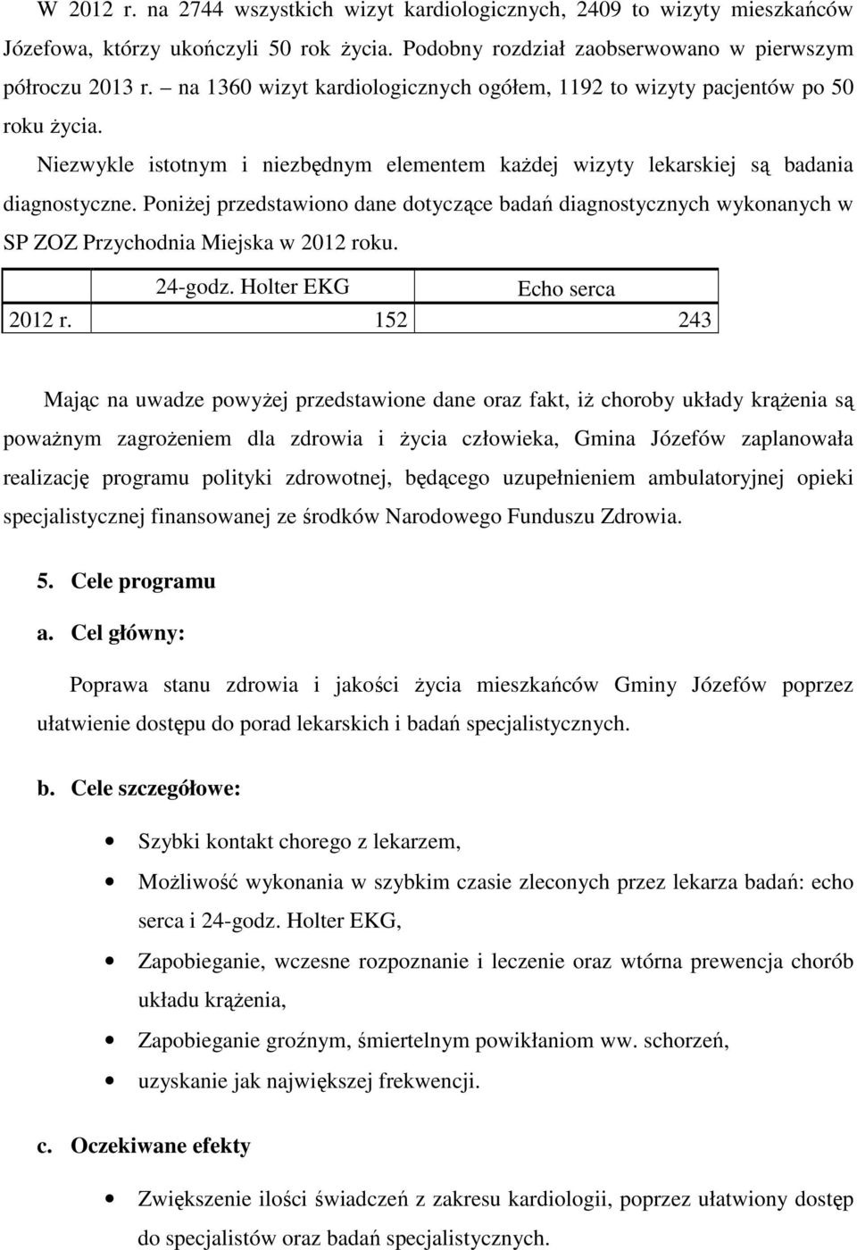 Poniżej przedstawiono dane dotyczące badań diagnostycznych wykonanych w SP ZOZ Przychodnia Miejska w 2012 roku. 24-godz. Holter EKG Echo serca 2012 r.