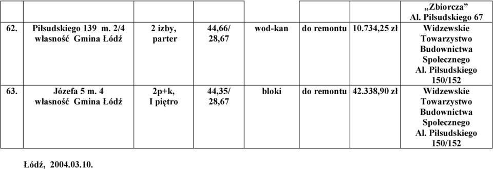 Piłsudskiego 67 wod-kan do remontu 10.