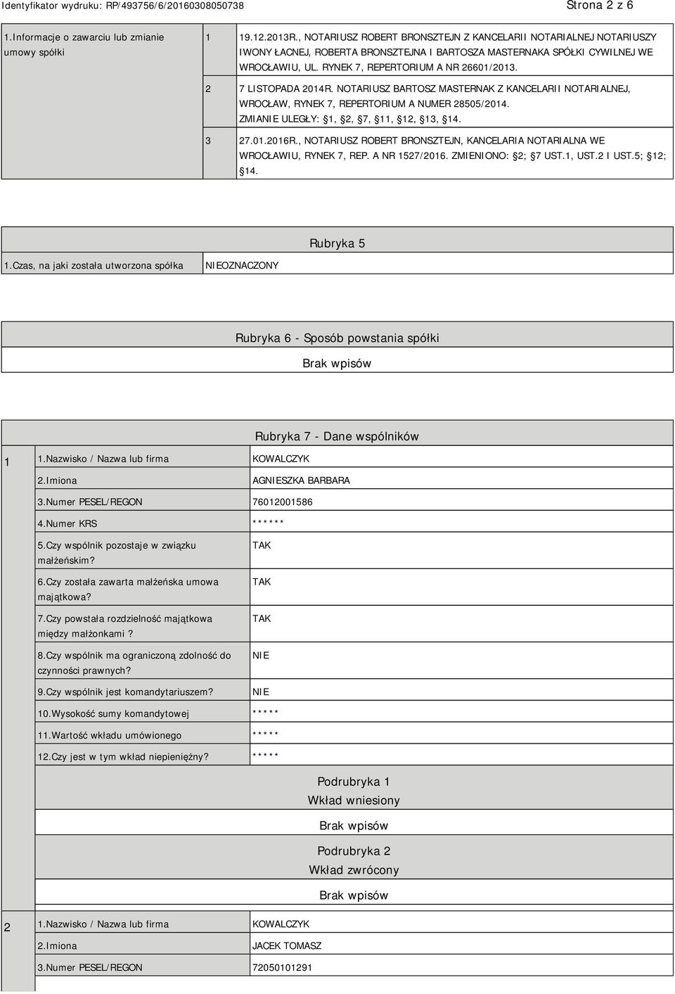 2 7 LISTOPADA 2014R. NOTARIUSZ BARTOSZ MASTERNAK Z KANCELARII NOTARIALNEJ, WROCŁAW, RYNEK 7, REPERTORIUM A NUMER 28505/2014. ZMIA ULEGŁY: 1, 2, 7, 11, 12, 13, 14. 3 27.01.2016R.