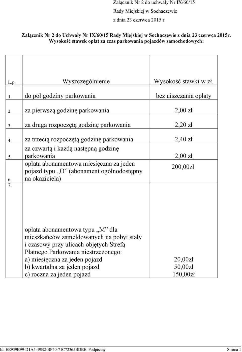 za pierwszą godzinę parkowania 2,00 zł 3. za drugą rozpoczętą godzinę parkowania 2,20 zł 4. za trzecią rozpoczętą godzinę parkowania 2,40 zł 5.