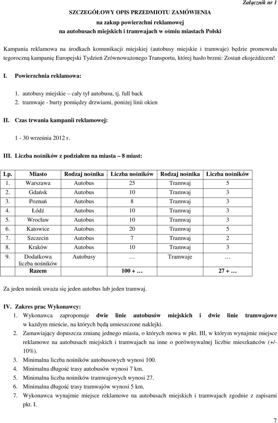 autobusy miejskie cały tył autobusu, tj. full back 2. tramwaje - burty pomiędzy drzwiami, poniżej linii okien II. Czas trwania kampanii reklamowej: 1-30 września 2012 r. III.