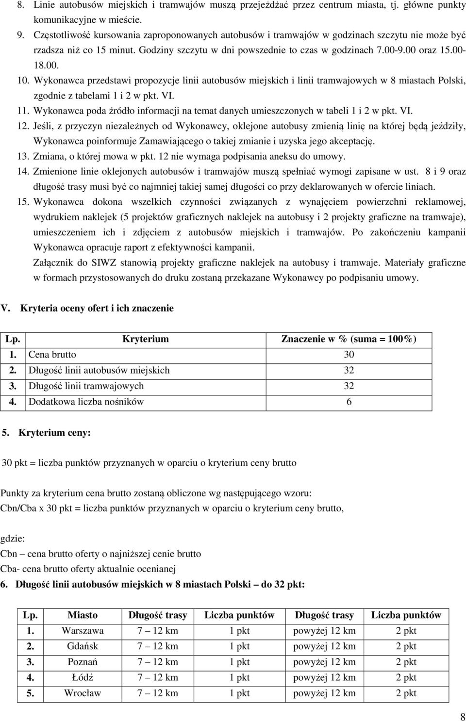 00. 10. Wykonawca przedstawi propozycje linii autobusów miejskich i linii tramwajowych w 8 miastach Polski, zgodnie z tabelami 1 i 2 w pkt. VI. 11.