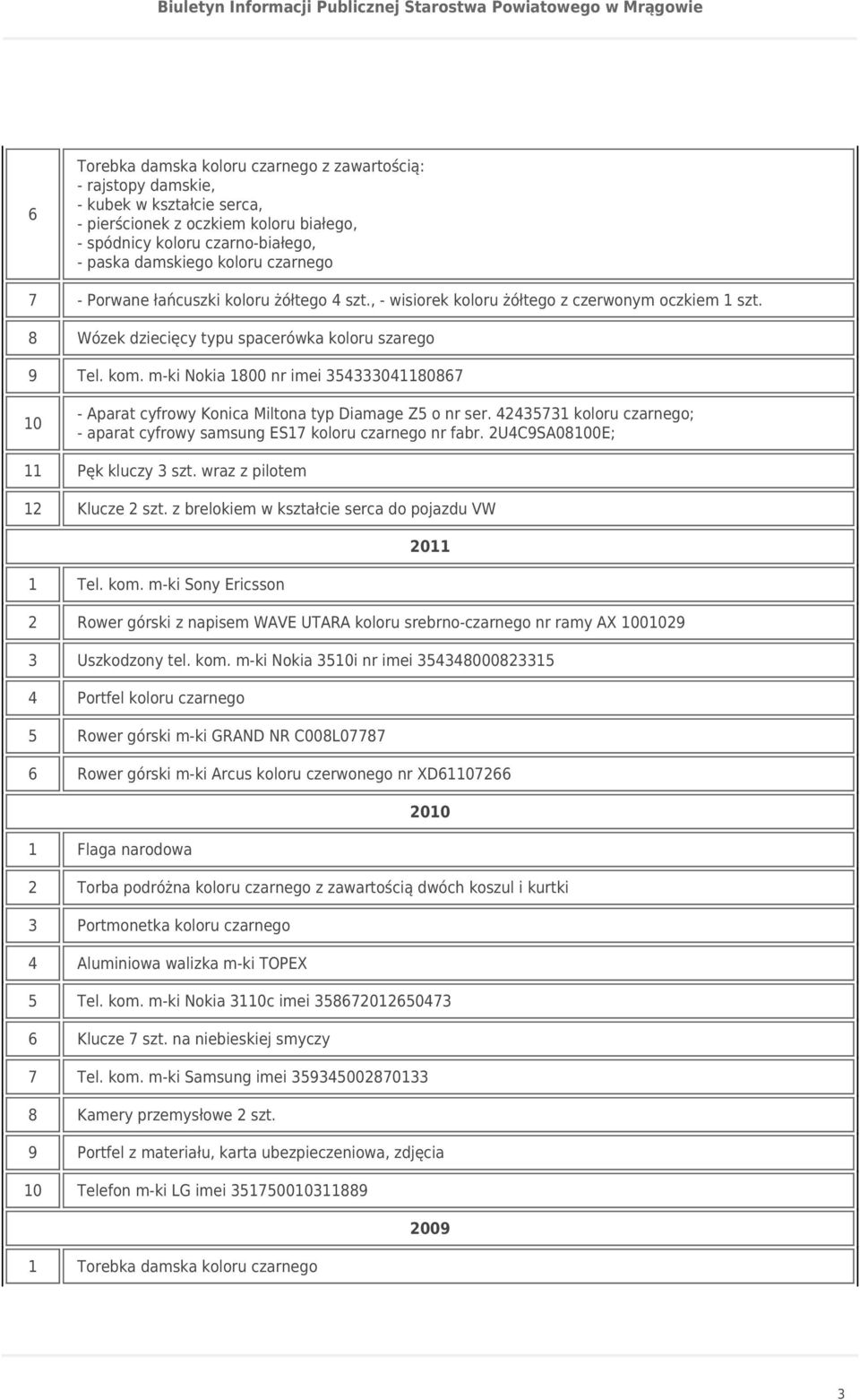 m-ki Nokia 1800 nr imei 3333011808 10 - Aparat cyfrowy Konica Miltona typ Diamage Z o nr ser. 331 koloru czarnego; - aparat cyfrowy samsung ES1 koloru czarnego nr fabr.